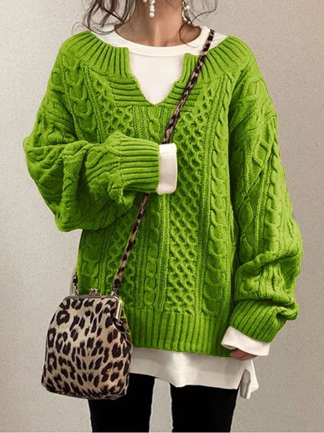 Solid Cable Knit Sweater, Casual V Neck Long Sleeve Sweater, Women's Clothing