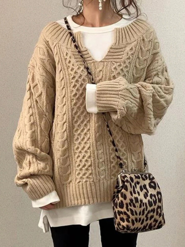 Solid Cable Knit Sweater, Casual V Neck Long Sleeve Sweater, Women's Clothing
