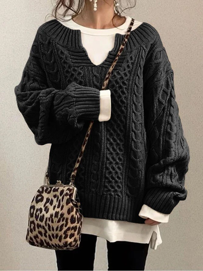 Solid Cable Knit Sweater, Casual V Neck Long Sleeve Sweater, Women's Clothing