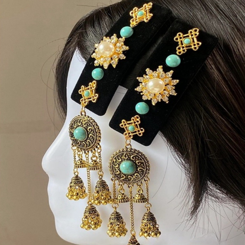 Elegant Chinese Ethnic Style Black Velvet Hairpin with Turquoise Inlaid Pagoda Tassel, Side Bangs Hair Accessory
