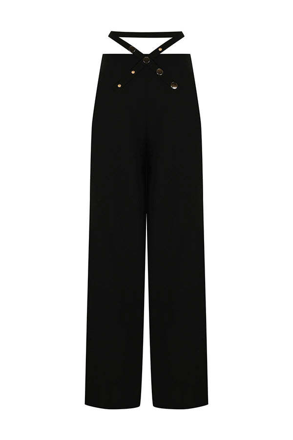 Leia High Neck Button Bell Sleeve Top and Cutout Waist Metal Pocketed Flare Pants Set