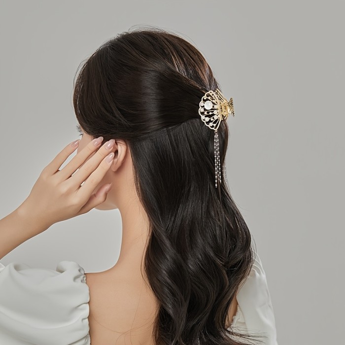 Elegant Pearl & Rhinestone Tassel Hair Clip - Zinc Alloy, Oval Shape for Women | Perfect for Everyday & Special Occasions