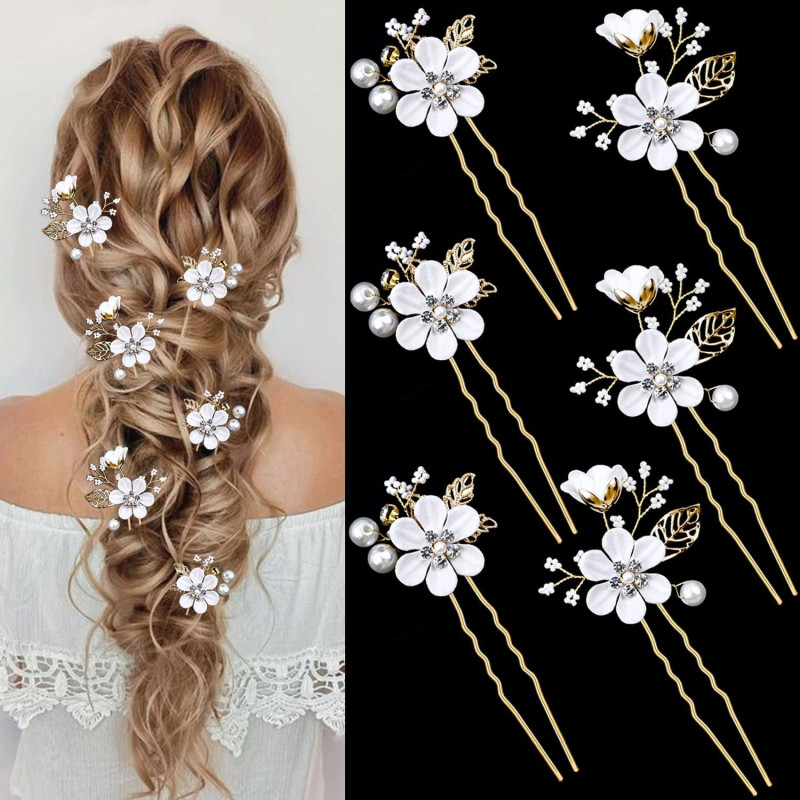 6pcs Bridal Flower Wedding Hair Pins, Jewelry with Rhinestone for Brides Bridesmaids Women, Headpiece Golden Wedding Hair Accessories, Pearl Hair Pins Clips, Bridal Headwear, Forest Flower Handmade Pearl Insert Comb, Sweet and Cute Hair Comb