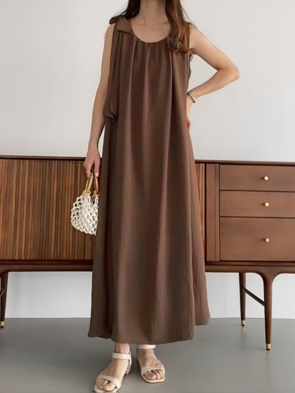High-Low Loose Ruffle Trim Solid Color Tied Waist V-Neck Maxi Dresses