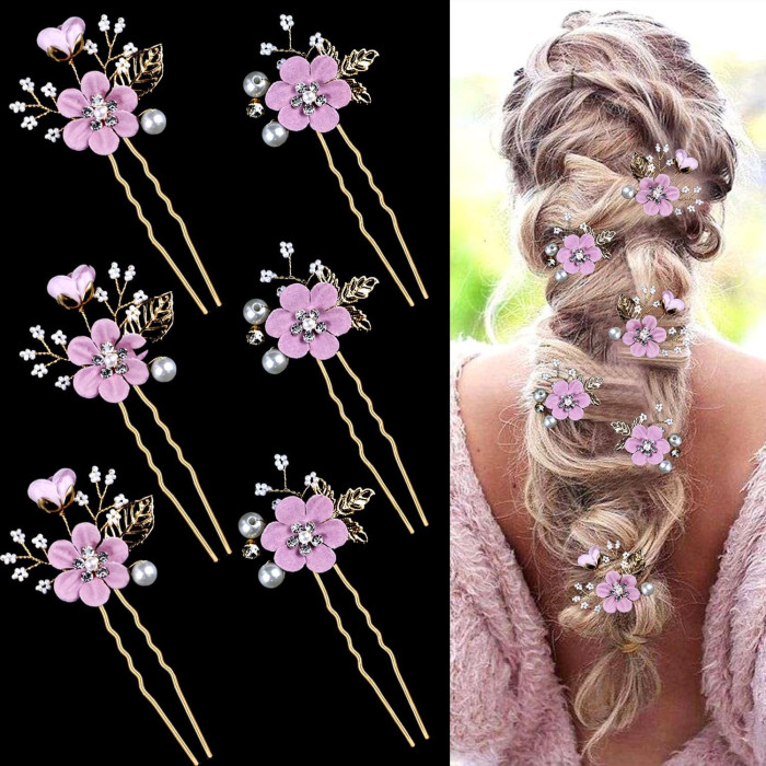 6pcs Bridal Flower Wedding Hair Pins, Jewelry with Rhinestone for Brides Bridesmaids Women, Headpiece Golden Wedding Hair Accessories, Pearl Hair Pins Clips, Bridal Headwear, Forest Flower Handmade Pearl Insert Comb, Sweet and Cute Hair Comb