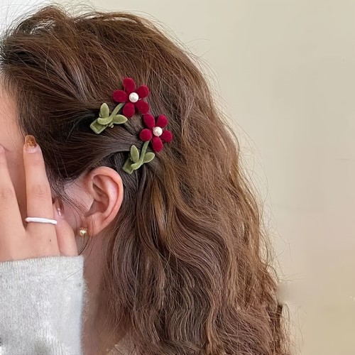 1\u002F2pcs Elegant Velvet Tulip Flower Hair Clips, Women's Side Duckbill Clip Pearl Bang Clip