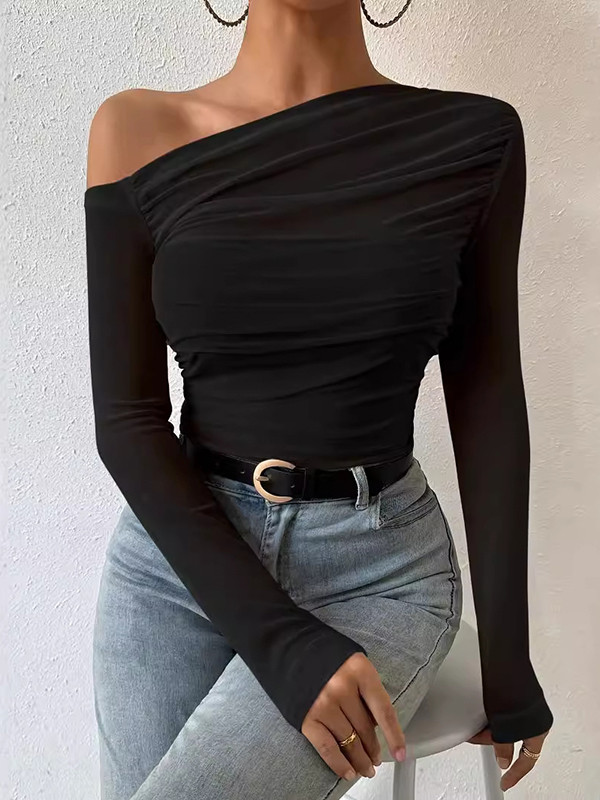 Long Sleeves Skinny Asymmetric Gauze Pleated See-Through Solid Color One-Shoulder T-Shirts Tops
