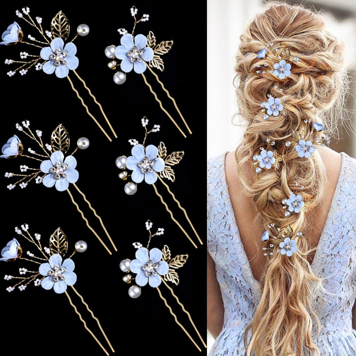 6pcs Bridal Flower Wedding Hair Pins, Jewelry with Rhinestone for Brides Bridesmaids Women, Headpiece Golden Wedding Hair Accessories, Pearl Hair Pins Clips, Bridal Headwear, Forest Flower Handmade Pearl Insert Comb, Sweet and Cute Hair Comb