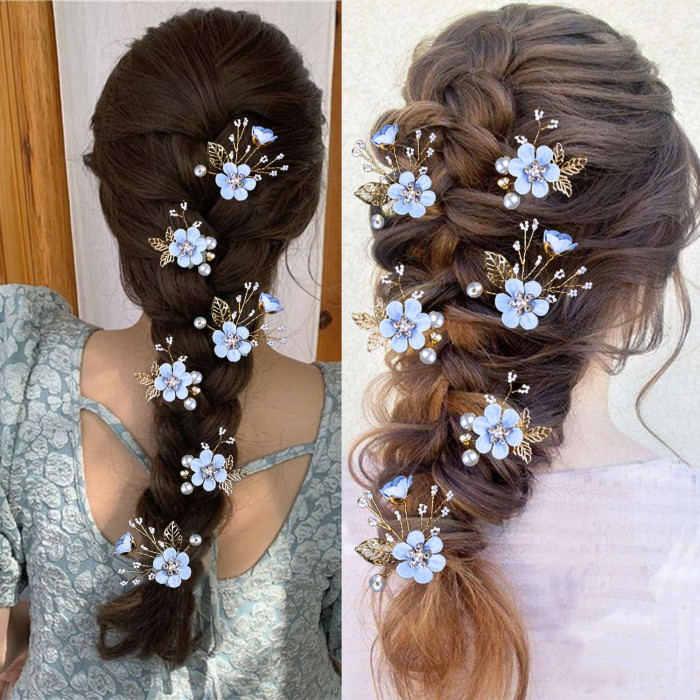 6pcs Bridal Flower Wedding Hair Pins, Jewelry with Rhinestone for Brides Bridesmaids Women, Headpiece Golden Wedding Hair Accessories, Pearl Hair Pins Clips, Bridal Headwear, Forest Flower Handmade Pearl Insert Comb, Sweet and Cute Hair Comb