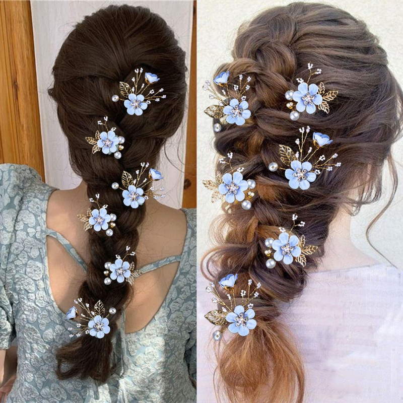 6pcs Bridal Flower Wedding Hair Pins, Jewelry with Rhinestone for Brides Bridesmaids Women, Headpiece Golden Wedding Hair Accessories, Pearl Hair Pins Clips, Bridal Headwear, Forest Flower Handmade Pearl Insert Comb, Sweet and Cute Hair Comb