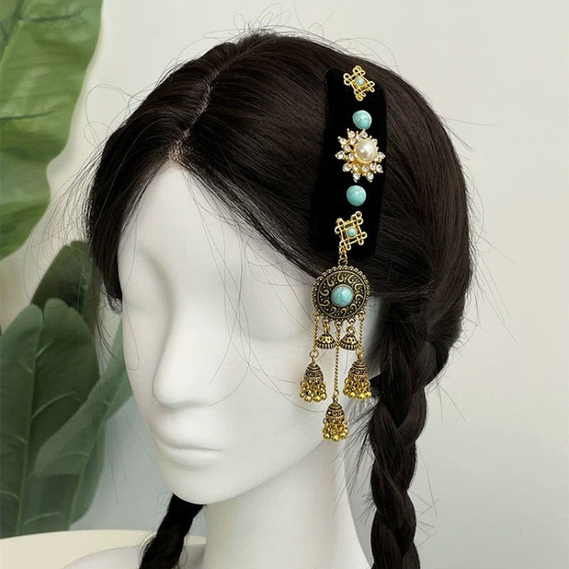Elegant Chinese Ethnic Style Black Velvet Hairpin with Turquoise Inlaid Pagoda Tassel, Side Bangs Hair Accessory