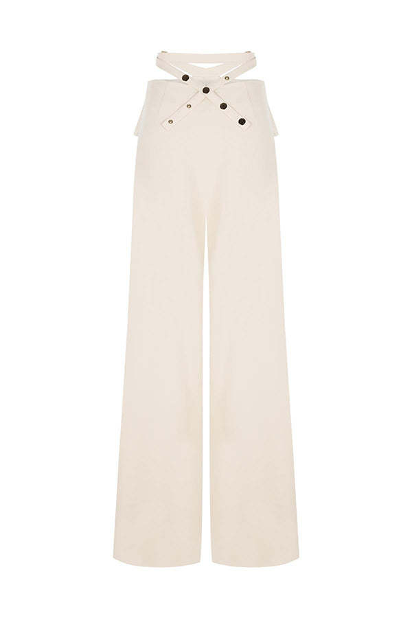 Leia High Neck Button Bell Sleeve Top and Cutout Waist Metal Pocketed Flare Pants Set