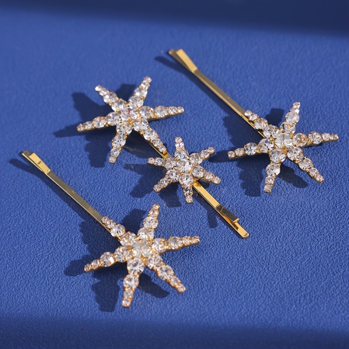3pcs Elegant Minimalist Star Hair Clips Set, Alloy Rhinestone Embellished, Simple Luxe Six-Pointed Star Hairpins for Women, Suitable for Ages 14+, for Ramadan Gifts
