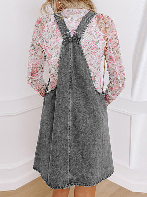 A-Line High Waisted Buttoned Pockets Square-Neck Suspender Dress
