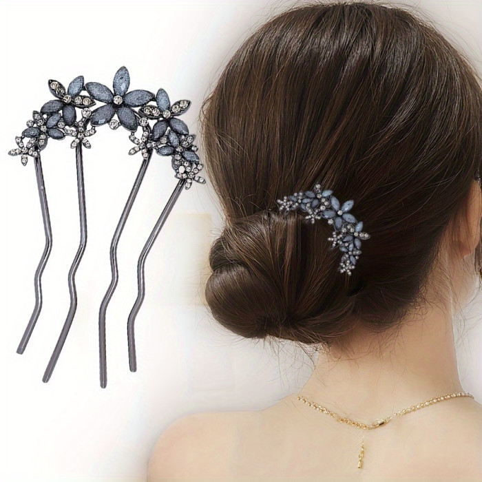 Vintage Blue Floral Hair Clip - Vintage Style, Iron Material with Faux Diamond Accents for Stunning Hairstyles