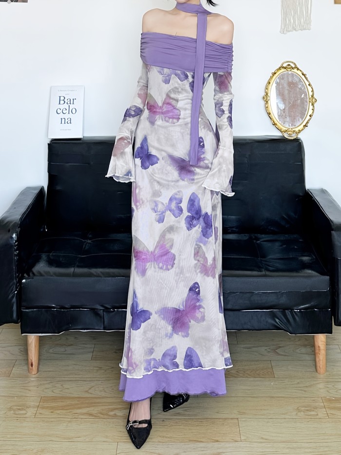 1pc SassyGals French Butterfly Print Off-Shoulder Dress 1pc SassyGals French-Inspired Butterfly Print Sheer Mesh Off-Shoulder Dress, Waist-Cinched Bodycon Long Dress for Women, Polyester Knit Fabric, All Seasons