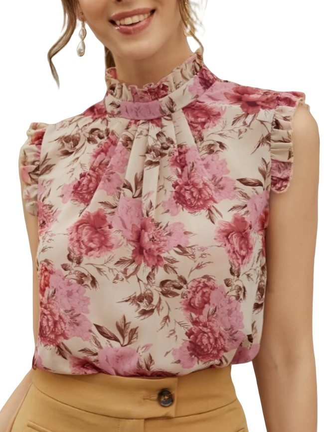 100% Polyester Sleeveless Top Elegant Floral Print Stand Collar Blouse for Women, All-Season Woven Shirt, Plus Size Blouses