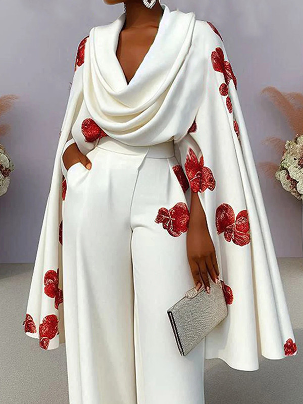 Loose Floral Printed Pleated Split-Joint V-Neck Cape Shirt Top