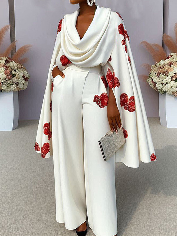 Loose Floral Printed Pleated Split-Joint V-Neck Cape Shirt Top