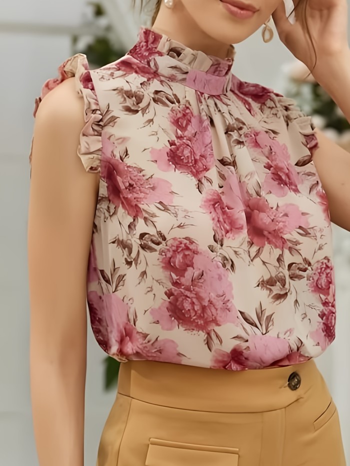 100% Polyester Sleeveless Top Elegant Floral Print Stand Collar Blouse for Women, All-Season Woven Shirt, Plus Size Blouses
