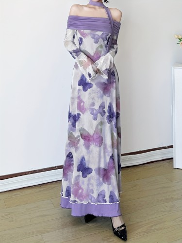 1pc SassyGals French Butterfly Print Off-Shoulder Dress 1pc SassyGals French-Inspired Butterfly Print Sheer Mesh Off-Shoulder Dress, Waist-Cinched Bodycon Long Dress for Women, Polyester Knit Fabric, All Seasons