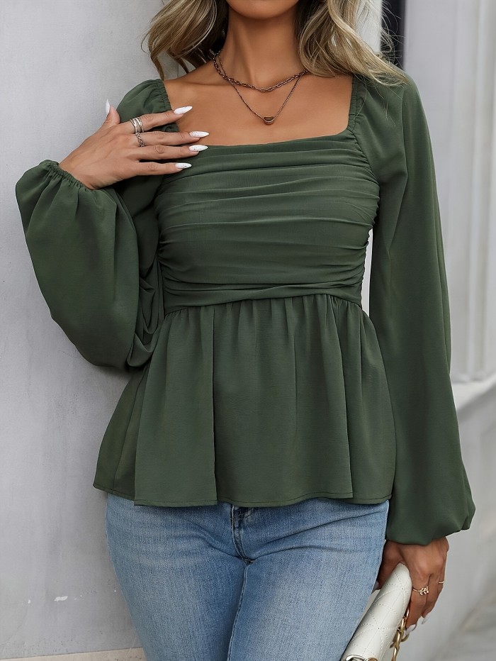 Women'S Elegant Square Neck Long Sleeve Top, 100% Polyester Woven Fabric, Backless Solid Color All-Season Blouse, 120g\u002Fm² - Perfect for Adult