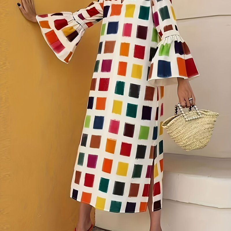 Colorful Plaid Print Dress, Vintage Split Flared Sleeve Midi Dress, Women's Clothing
