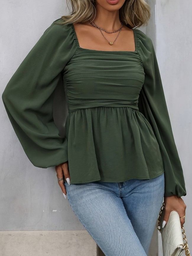 Women'S Elegant Square Neck Long Sleeve Top, 100% Polyester Woven Fabric, Backless Solid Color All-Season Blouse, 120g\u002Fm² - Perfect for Adult