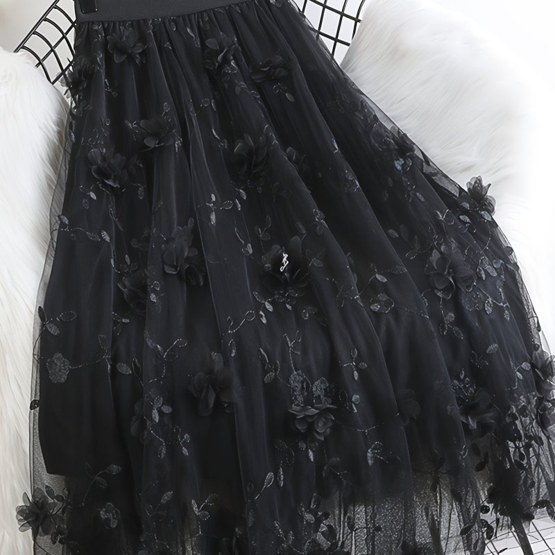 Elegant High-Waist Slimming A-Line Skirt with Double Layer Mesh & 3D Floral Embroidery - Mid-Length, Perfect for Spring\u002FSummer