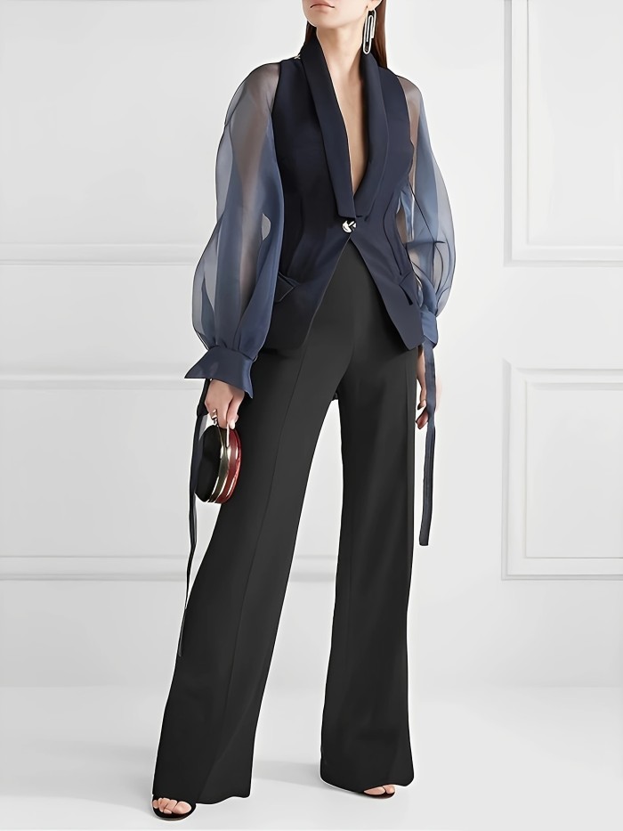 V-neck Loose Women's Suit Top, Bubble Sleeve Button Up Shirt for City Office Casual