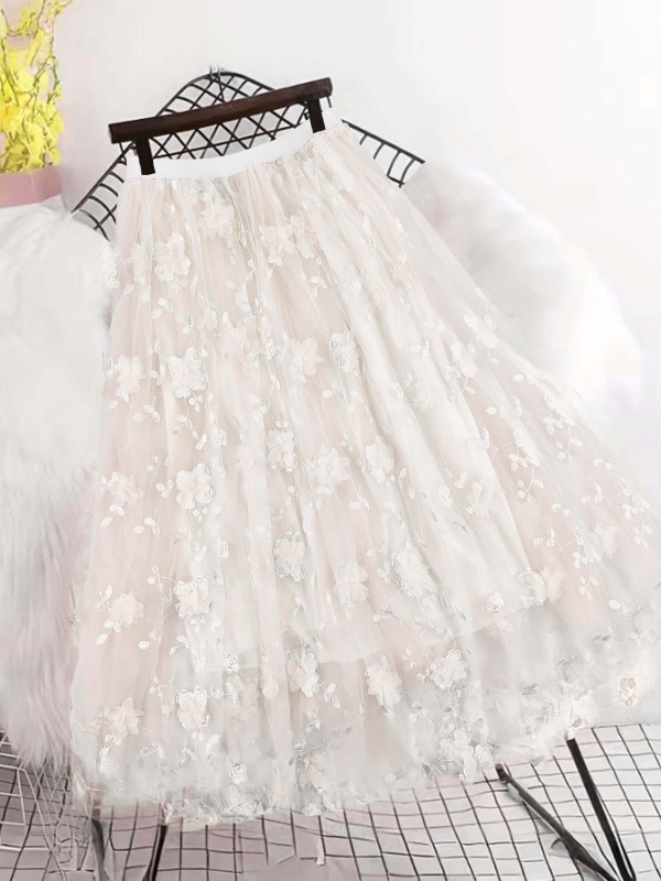 Elegant High-Waist Slimming A-Line Skirt with Double Layer Mesh & 3D Floral Embroidery - Mid-Length, Perfect for Spring\u002FSummer