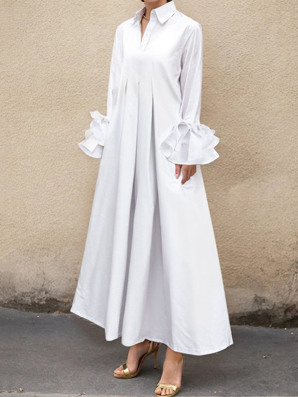 Loose Puff Sleeves Pleated Solid Color Split-Joint Lapel Maxi Dresses Shirt Dress