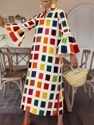 Colorful Plaid Print Dress, Vintage Split Flared Sleeve Midi Dress, Women's Clothing