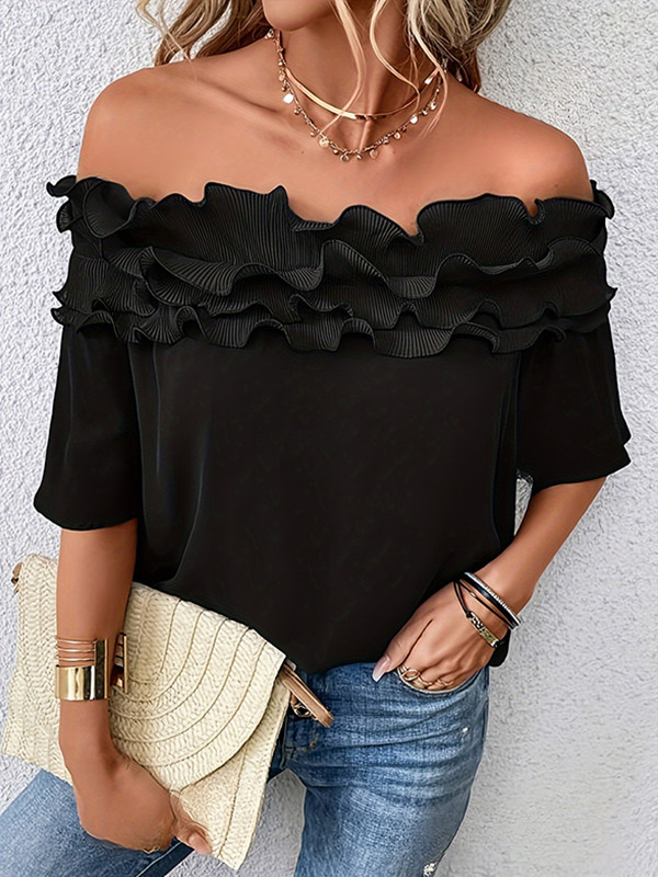 Loose Short Sleeves Pleated Solid Color Split-Joint Tiered Off-The-Shoulder T-Shirts Tops