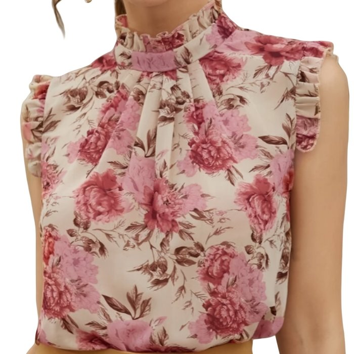 100% Polyester Sleeveless Top Elegant Floral Print Stand Collar Blouse for Women, All-Season Woven Shirt, Plus Size Blouses