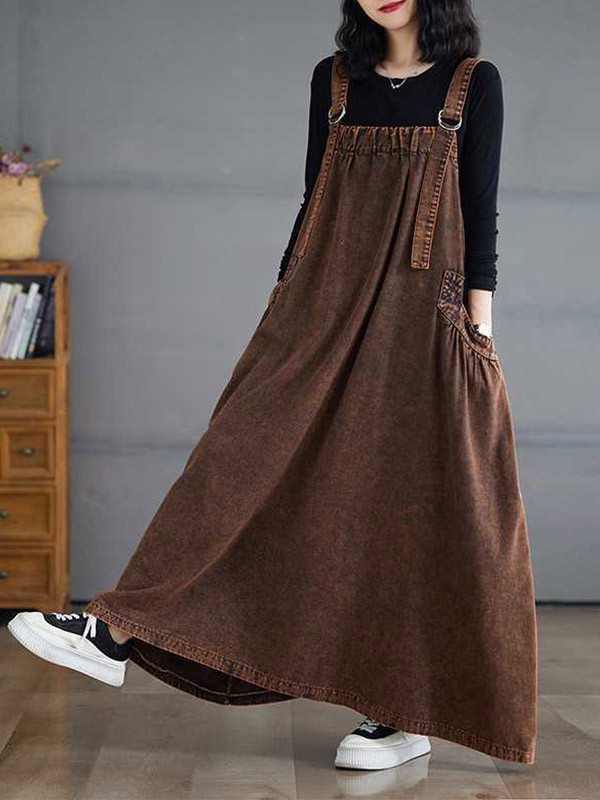 A-Line Loose Pleated Pockets Solid Color Split-Joint Spaghetti-Neck Suspender Dress