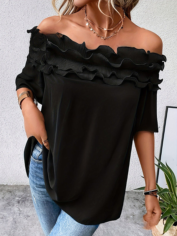 Loose Short Sleeves Pleated Solid Color Split-Joint Tiered Off-The-Shoulder T-Shirts Tops