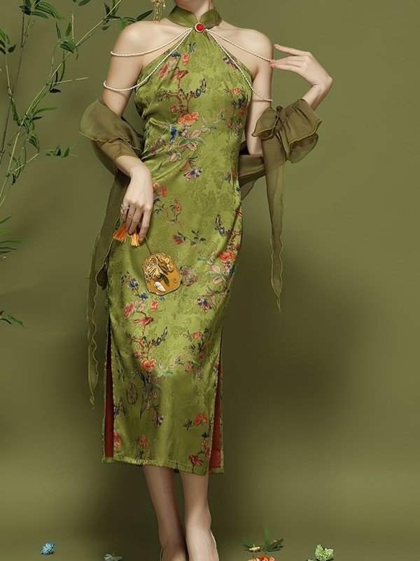 Chinese Vintage Cheongsam, Floral Print Halter Neck Split Knee Length Dress, Women's Clothing