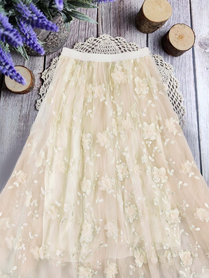 Elegant High-Waist Slimming A-Line Skirt with Double Layer Mesh & 3D Floral Embroidery - Mid-Length, Perfect for Spring\u002FSummer