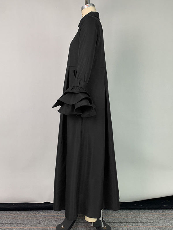 A-Line Flared Sleeves Floral Printed Split-Joint Split-Side Lapel Collar Maxi Dresses Shirt Dress