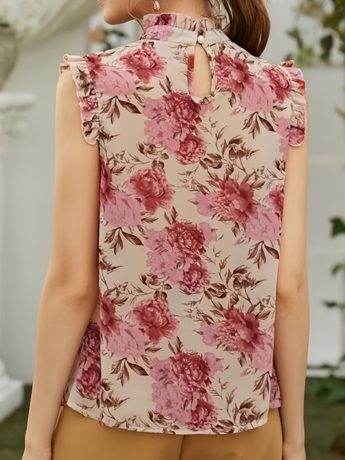 100% Polyester Sleeveless Top Elegant Floral Print Stand Collar Blouse for Women, All-Season Woven Shirt, Plus Size Blouses