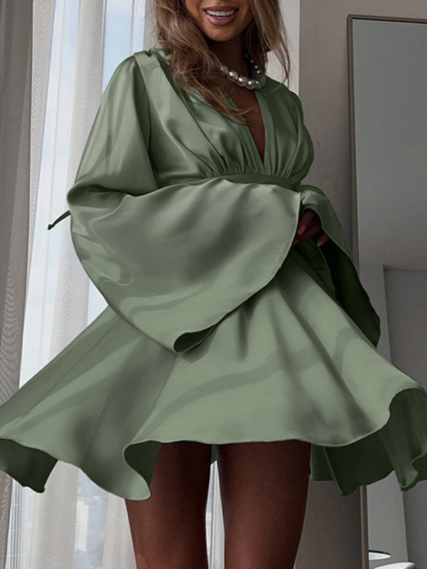 Backless Solid Color Tied Triple Layered Zipper A-Line Flared Sleeves Deep V-Neck Mini Dresses