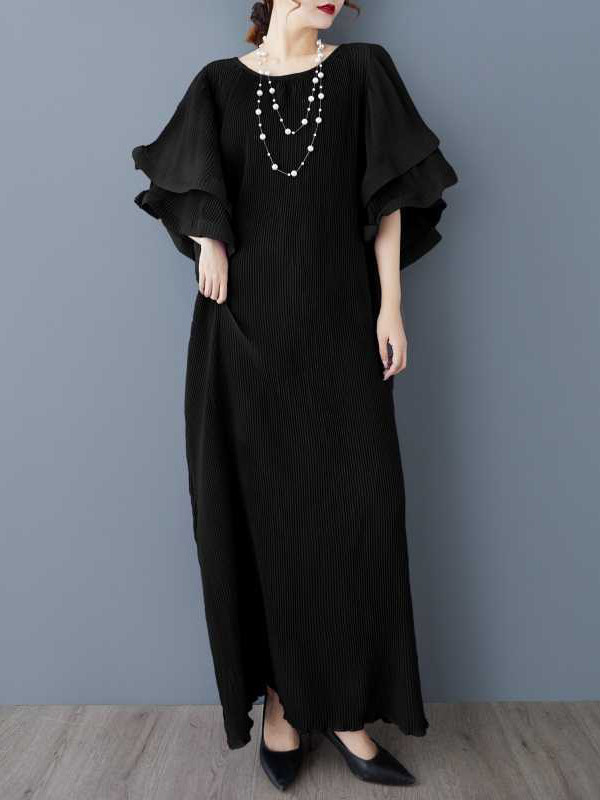 Flared Sleeves Loose Pleated Solid Color Round-Neck Maxi Dresses