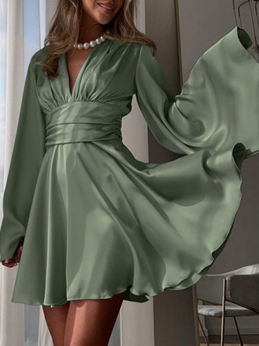 Backless Solid Color Tied Triple Layered Zipper A-Line Flared Sleeves Deep V-Neck Mini Dresses