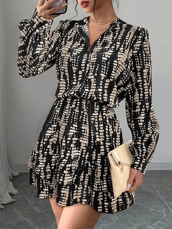 A-Line Long Sleeves Buttoned Contrast Color Printed Lapel Mini Dresses