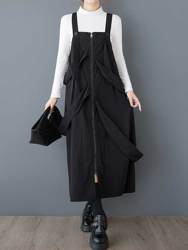 Loose Sleeveless Buttoned Pockets Solid Color Zipper Spaghetti-Neck Suspender Dress