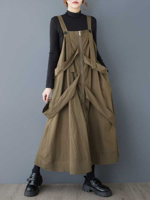 Loose Sleeveless Buttoned Pockets Solid Color Zipper Spaghetti-Neck Suspender Dress