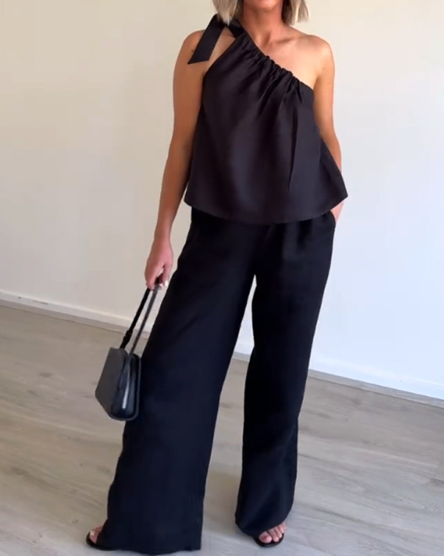 Casual Comfort Slant Shoulder Top & Pants Two-piece Set