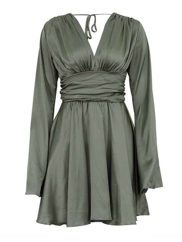 Backless Solid Color Tied Triple Layered Zipper A-Line Flared Sleeves Deep V-Neck Mini Dresses