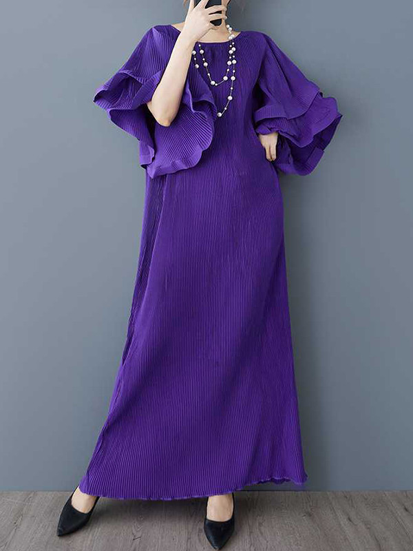 Flared Sleeves Loose Pleated Solid Color Round-Neck Maxi Dresses